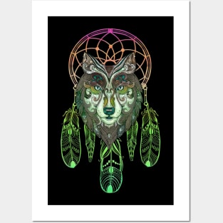 Awesome wolf on a dreamcatcher  with feathers Posters and Art